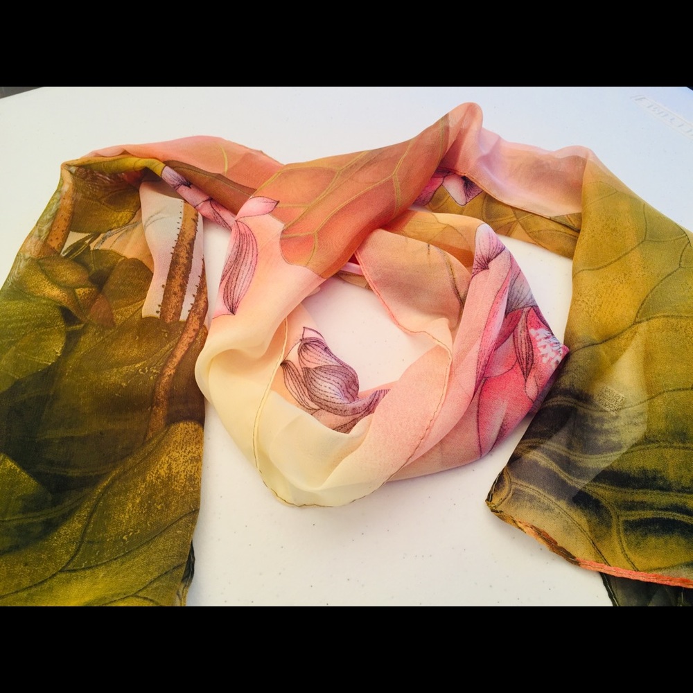 NEW Sheer Silk Chiffon Lotus Scarf Peach Green Y
